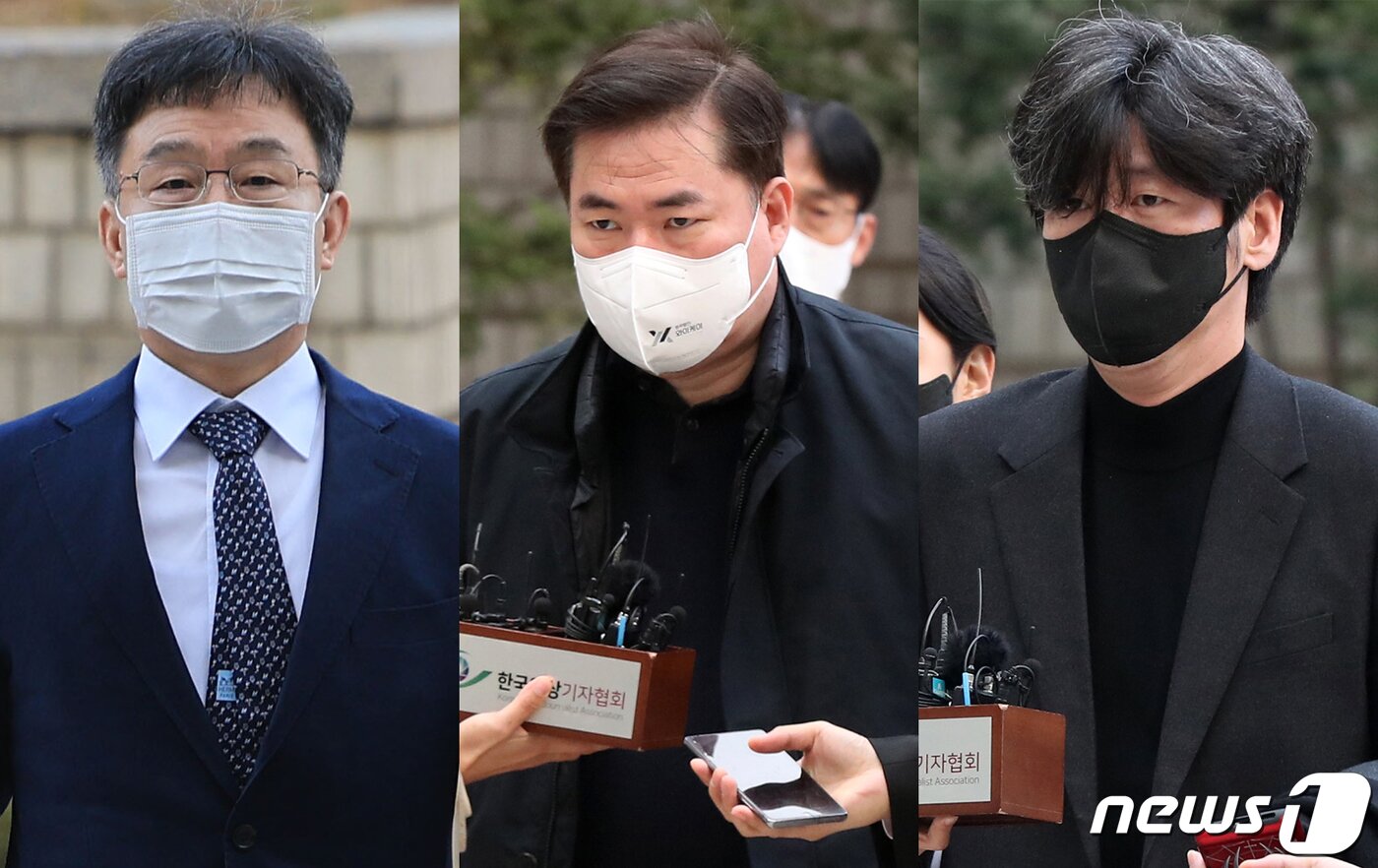 본문 이미지 - 화천대유자산관리 대주주 김만배(왼쪽부터), 유동규 전 성남도시개발공사 기획본부장, 남욱 변호사가 25일 오전 서울 서초구 서울중앙지방법원에서 열린 대장동 개발 사업 로비·특혜 의혹 관련 1심 속행 공판에 출석하기 위해 법정으로 향하고 있다. (공동취재) 2022.11.25/뉴스1 ⓒ News1 민경석 기자