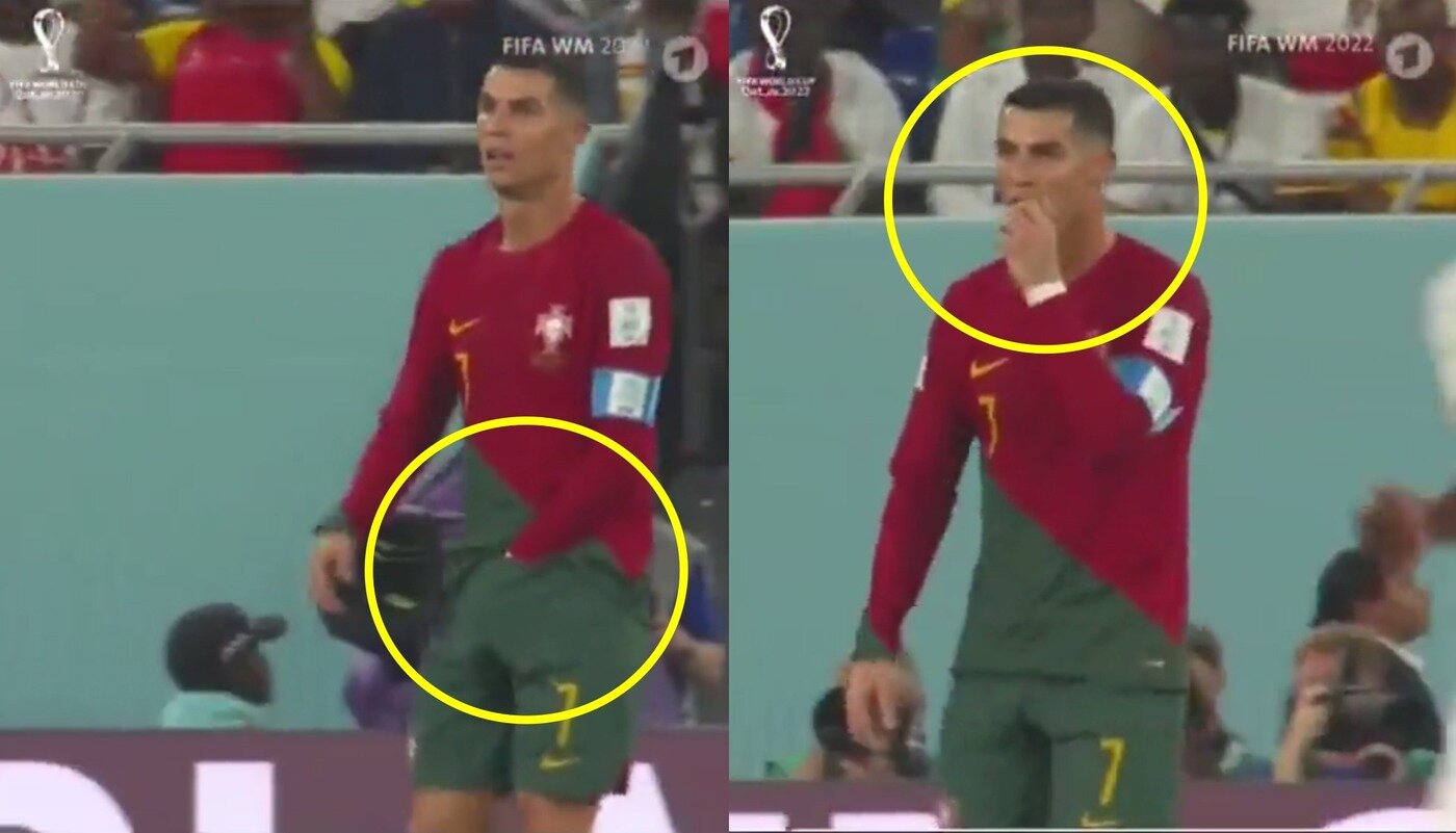 본문 이미지 - 가나전에서 바지 속에 손을 넣어 껌을 꺼내 먹었던 크리스티아누 호날두. (트위터 캡처)