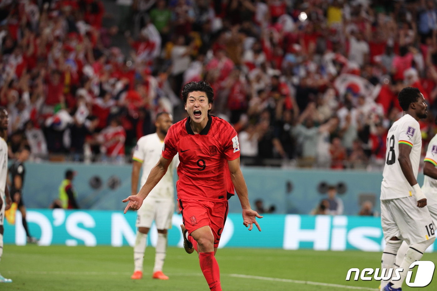 본문 이미지 - 28일 오후&#40;현지시간&#41; 카타르 알라이얀 에듀케이션 시티 스타디움에서 열린 2022 카타르 월드컵 조별리그 H조 2차전 대한민국과 가나의 경기에서 조규성이 골을 넣은 뒤 포효하고 있다. 2022.11.28/뉴스1 ⓒ News1 이광호 기자