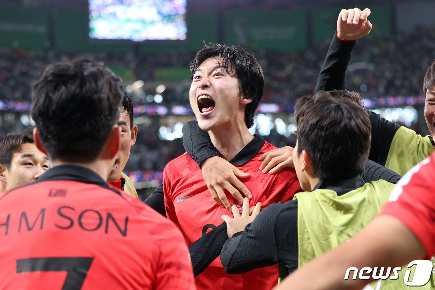 본문 이미지 - 28일 오후&#40;현지시간&#41; 카타르 알라이얀 에듀케이션 시티 스타디움에서 열린 2022 카타르 월드컵 조별리그 H조 2차전 대한민국과 가나의 경기에서 대한민국 조규성이 동점골을 성공시킨뒤 환호하고 있다. 2022.11.29/뉴스1 ⓒ News1 이광호 기자