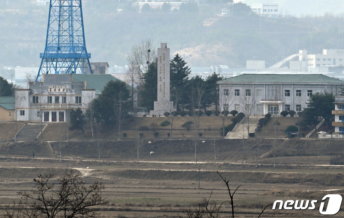 본문 이미지 - 29일 오후 경기도 파주시 판문점 3초소에서 바라본 북한 기정동 마을의 모습. 2022.11.29/뉴스1 ⓒ News1 사진공동취재단