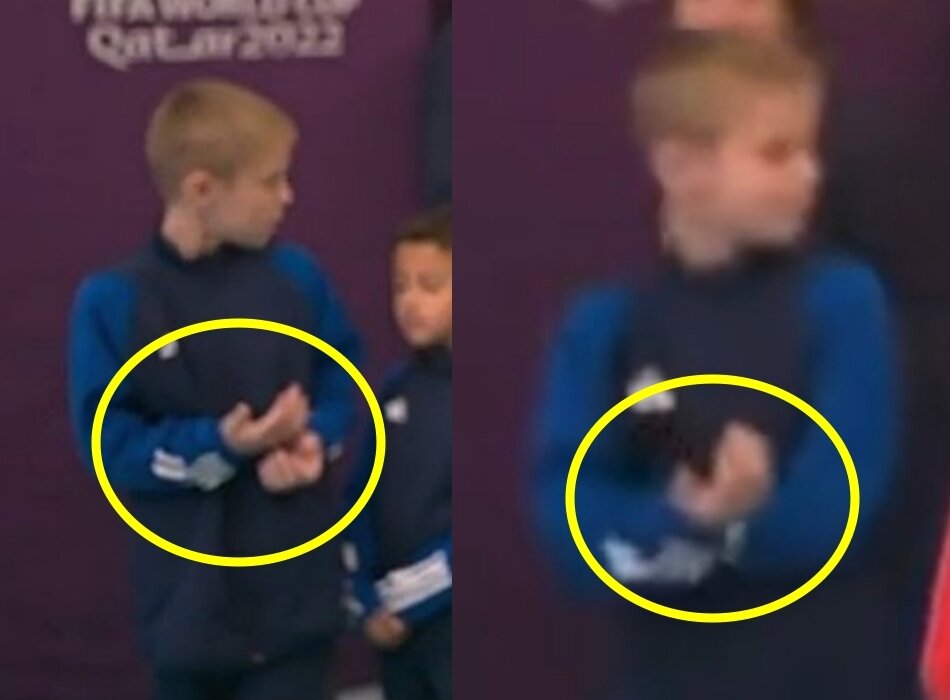 본문 이미지 - 소년이 손흥민과 악수한 손을 그대로 들고 있는 모습. (SBS 갈무리)