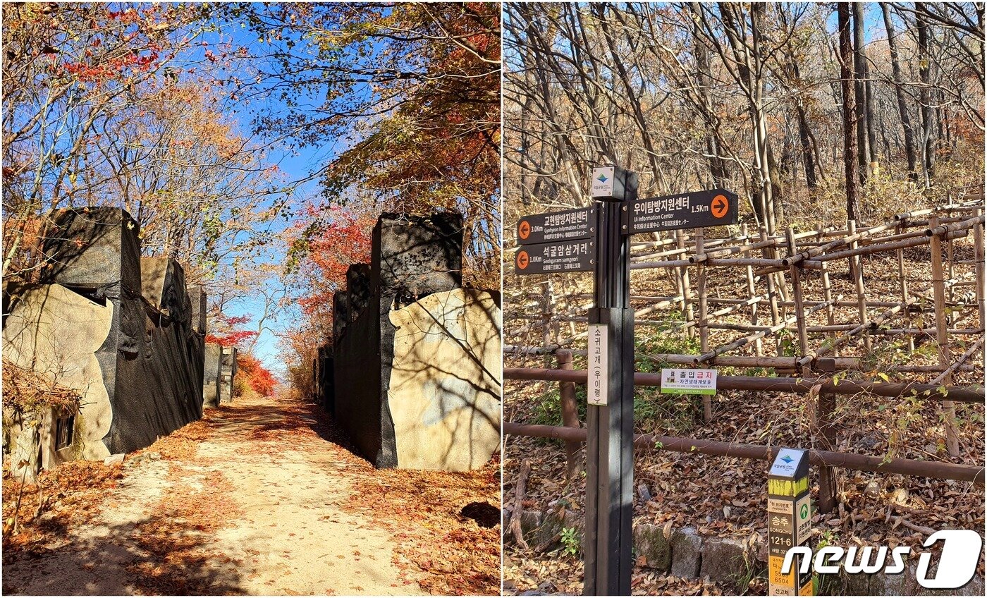 우이령 정상의 2개의 장애물. 왼쪽은 탱크를 저지하기 위한 구조물 / 오른쪽은 생태계보호구역의 사람출입을 막기 위한 대나무 장애물.