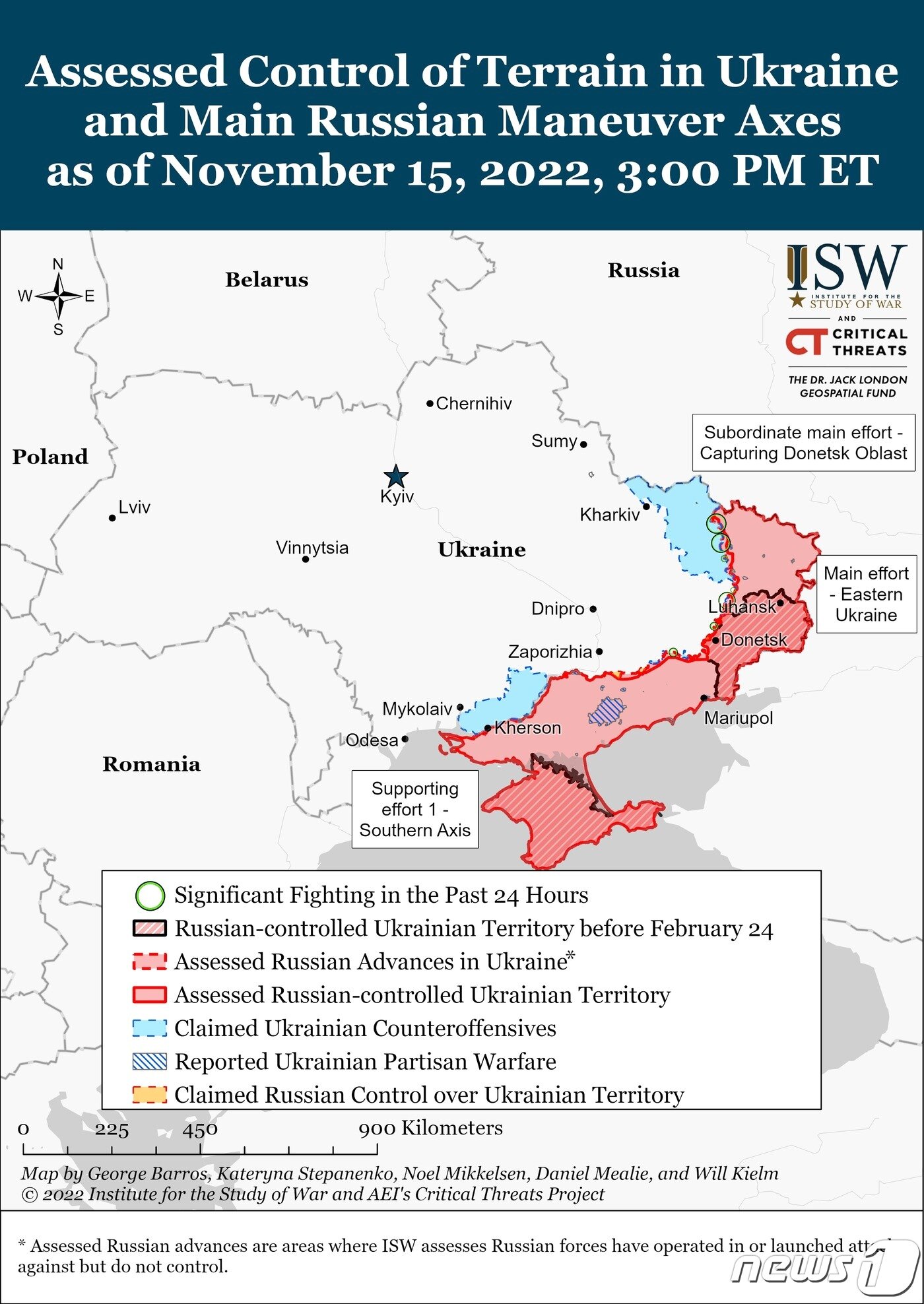 본문 이미지 - 미국 전쟁연구소(ISW)가 시각화 한 2022년 11월 15일 기준 우크라이나 전황.