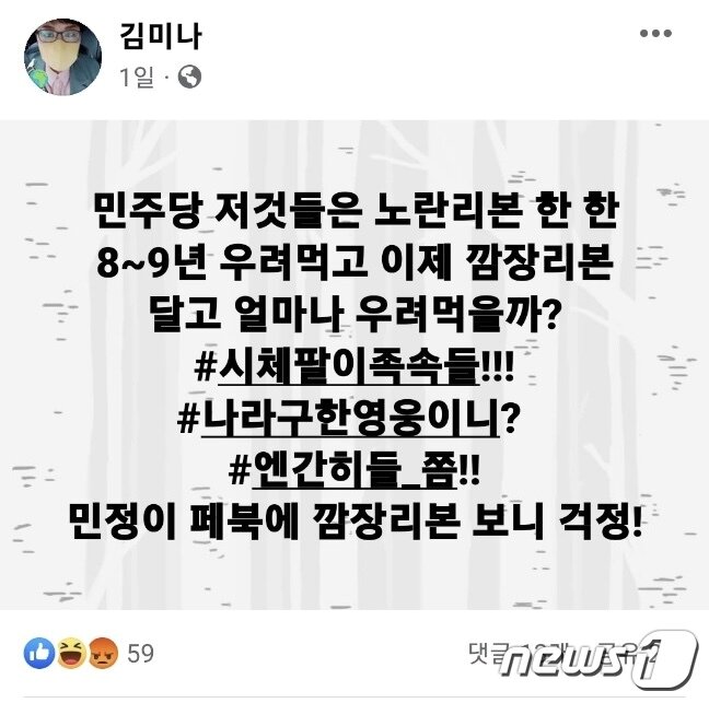 본문 이미지 - 김미나 경남 창원시의원이 사회관계망서비스(SNS)에 올린 글. 현재는 삭제된 상태.(SNS 캡처)
