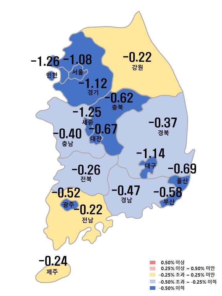 본문 이미지 - 시도별 아파트 전세가격지수 변동률(부동산원 제공)