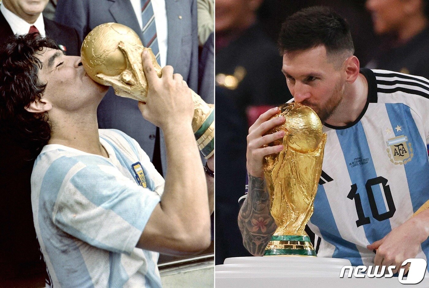 본문 이미지 - 2022 카타르 월드컵을 계기로 리오넬 메시는 늘 자신을 따라 다니던 '영원한 아르헨티나 축구 영웅' 고(故) 디에고 마라도나의 벽을 넘어 섰다. 사진은 1986년 멕시코 월드컵에서 우승 후 월드컵 트로피에 입맞추는 디에고 마라도나와 2022 카타르 월드컵에서 우승 후 월드컵 트로피에 입맞추는 리오넬 메시. 2022.12.19 ⓒ AFP=뉴스1