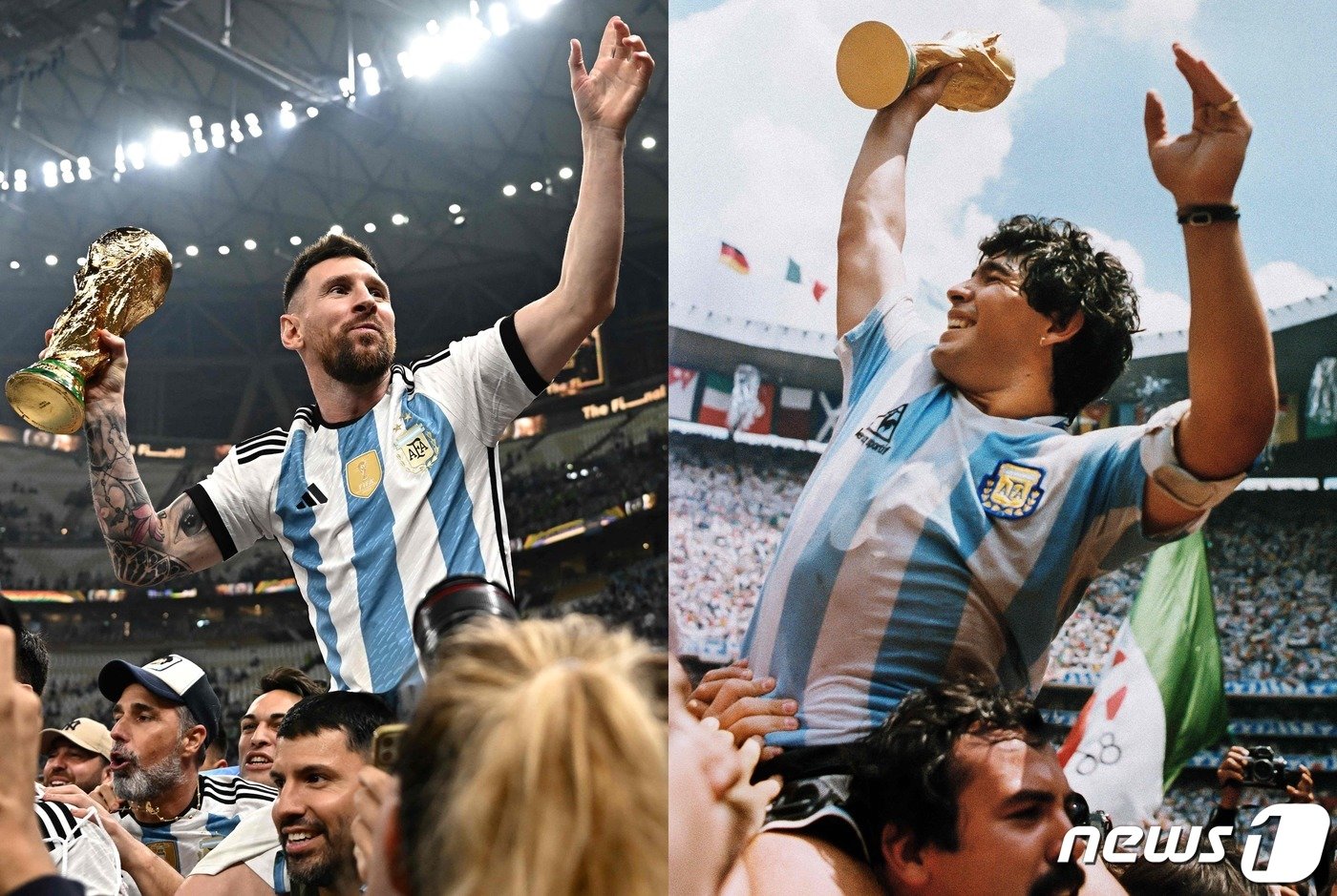 본문 이미지 - 우승 당시 마라도나와 메시의 모습. 2022.12.18 ⓒ AFP=뉴스1 ⓒ News1 정윤미 기자