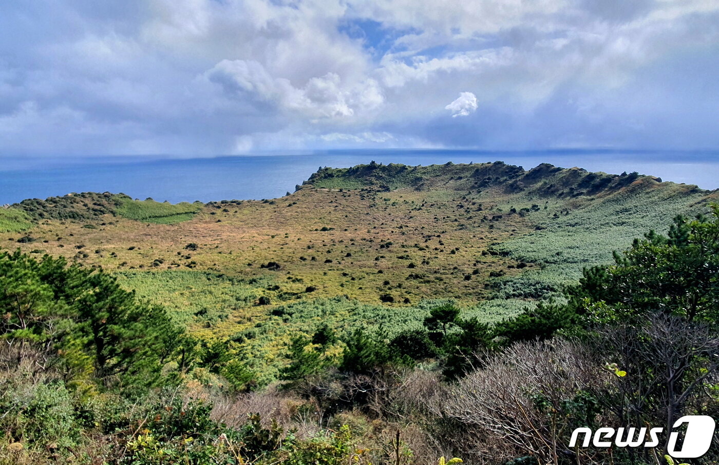 성산일출봉 정상 분화구. 예전에 분화구 안에서 콩, 수수 등의 작물을 길렀다고 한다.