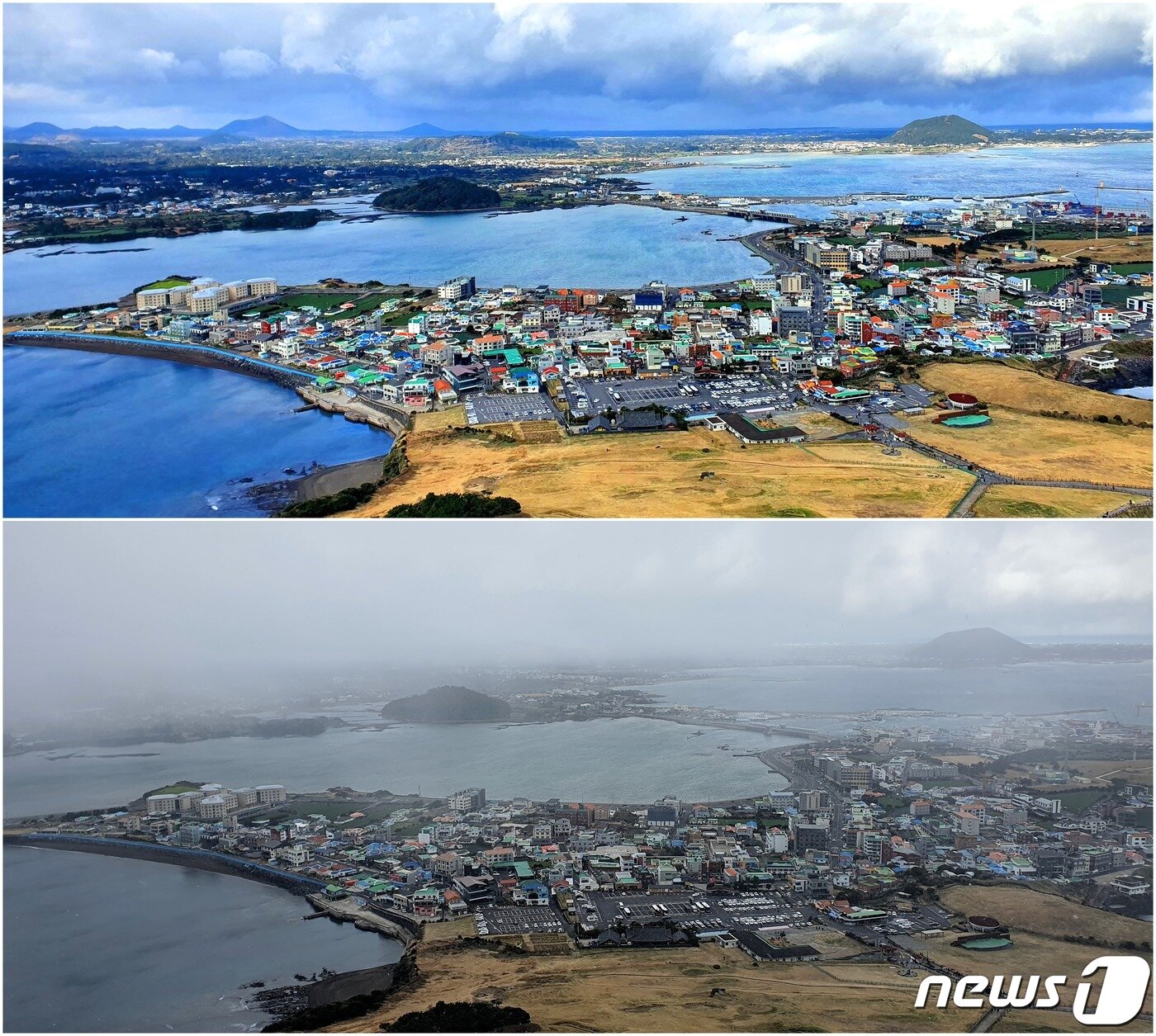 성산일출봉 정상에서 바라본 풍경. 윗 사진의 아래 성산읍, 왼쪽 위 여러 개 오름, 오른쪽 위는 올레길 21코스의 지미봉. 2장의 사진처럼 5분 만에 한번씩 날씨가 바뀐다.