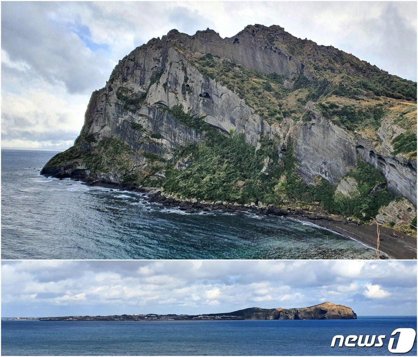 본문 이미지 - <위> 성산일출봉 북쪽 사면의 위용. <아래> 우도(牛島). 소가 앉아 있는 모습이어서 '소섬'인데, 여기서는 뱀처럼 기다랗게 보인다.