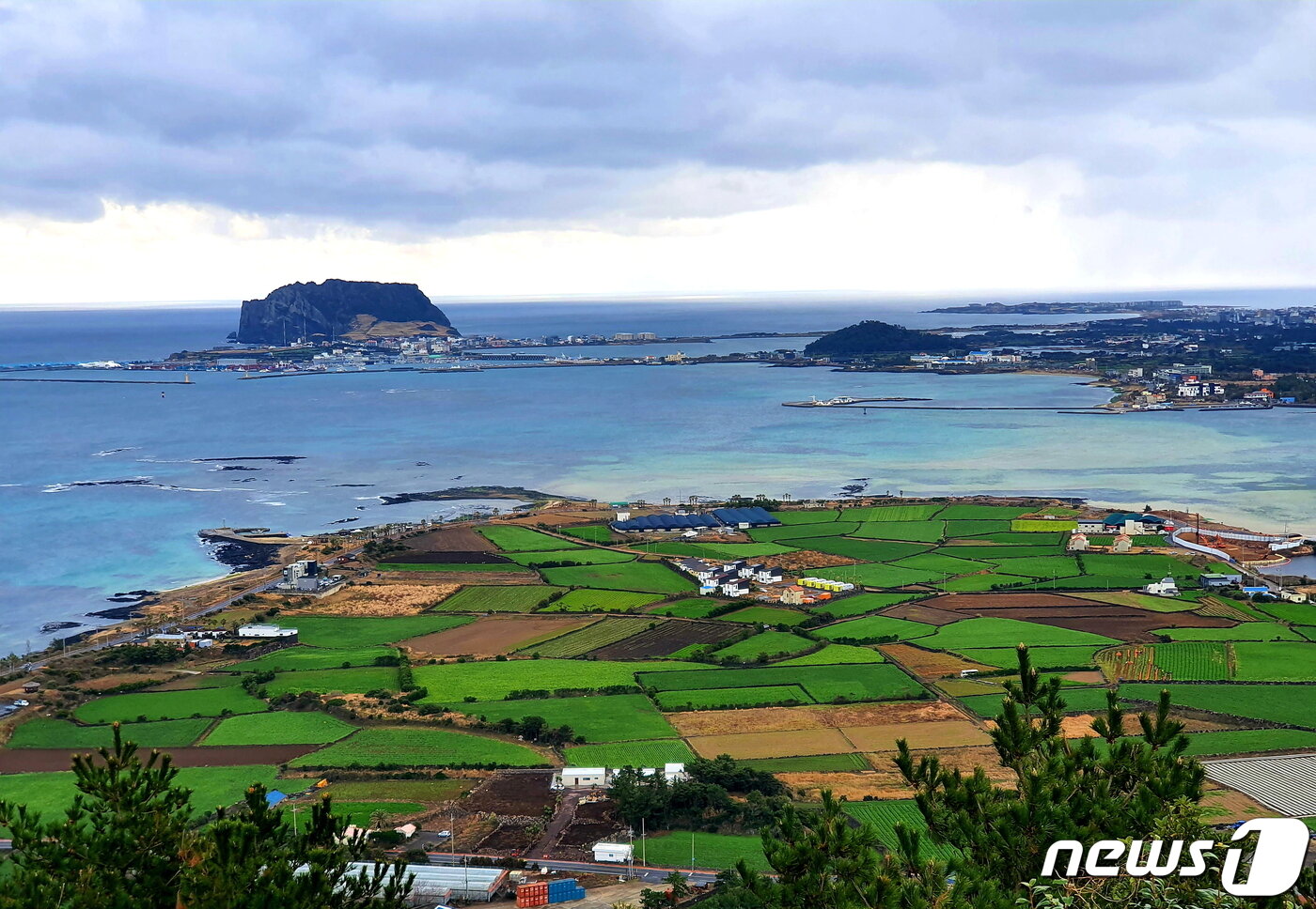 지미봉 정상에서 바라본 전망. 멀리 성산일출봉, 중간에 민트색 바다, 가까이 초록색 밭들의 모자이크.