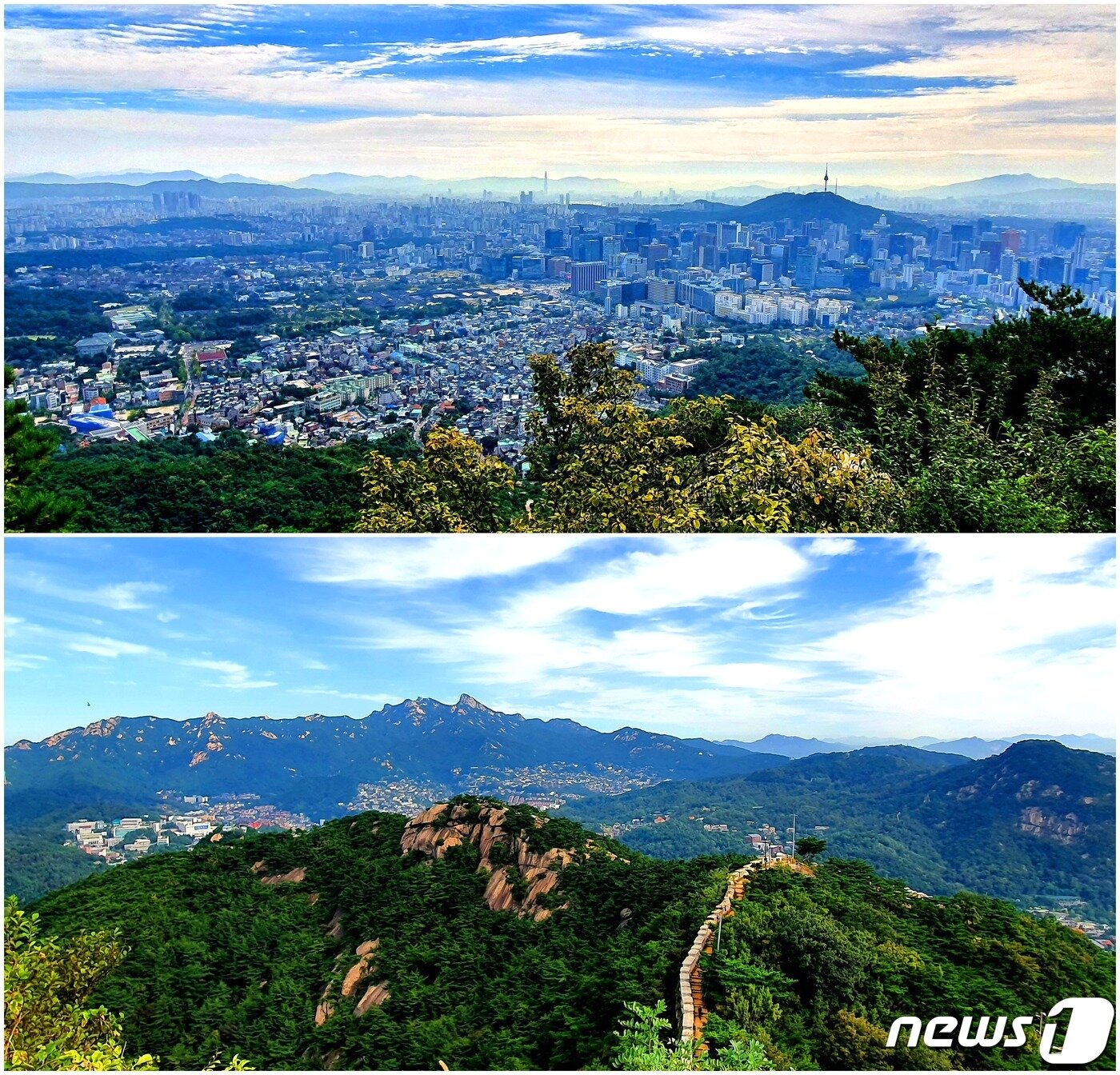 본문 이미지 - 인왕산에서 바라보는 전망. <위> 한양도성의 산줄기 안에 서울시내가 얌전하게 담겨있는 모습. 멀리 외곽의 산줄기들이 서울을 둥그렇게 호위하고 있다. <아래> 인왕산에서 바라보는 북한산과 오른쪽의 백악산. 가까이 기차바위와 한양도성.