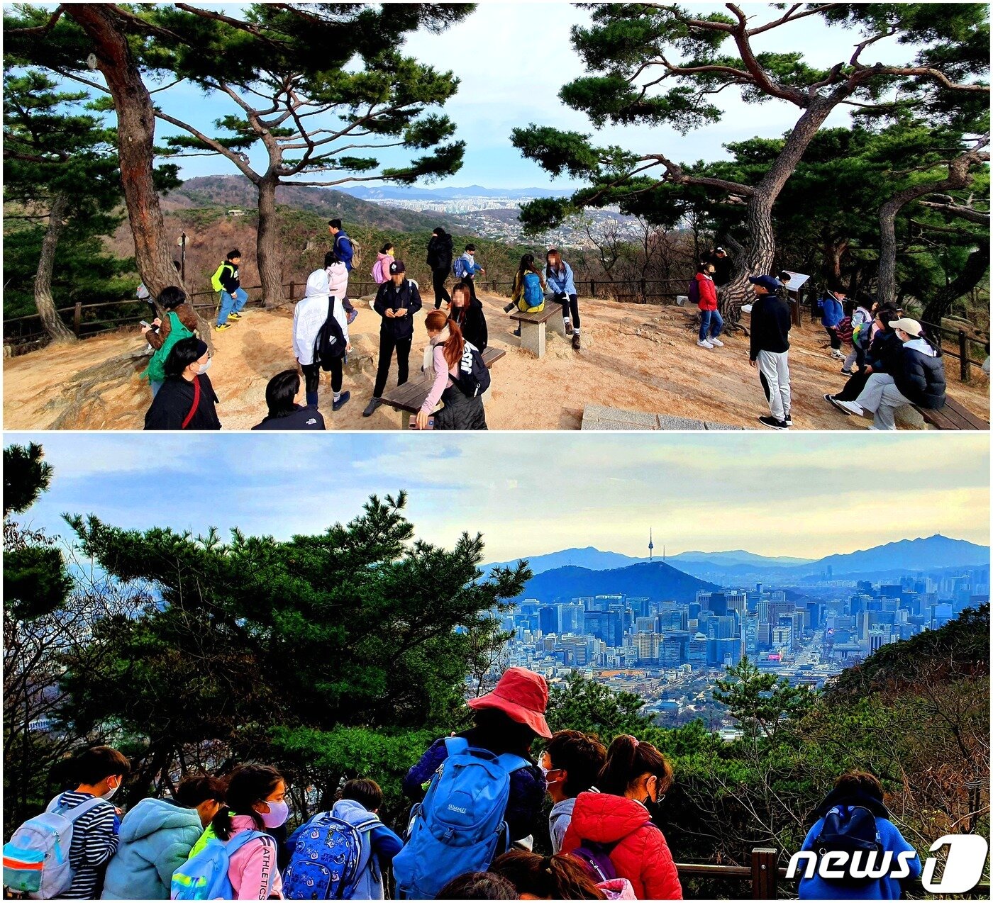 본문 이미지 - 청운대 스케치. <위> 멋드러진 소나무 사이의 전망터에서 휴식하고 있는 사람들. <아래> 백악산으로 소풍 나와 경복궁과 남산을 바라보는 어린이들.