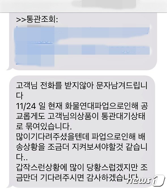 본문 이미지 - 해외직구 사이트에서 구매한 물품의 배송 지연 소식을 알리는 문자.ⓒ News1 