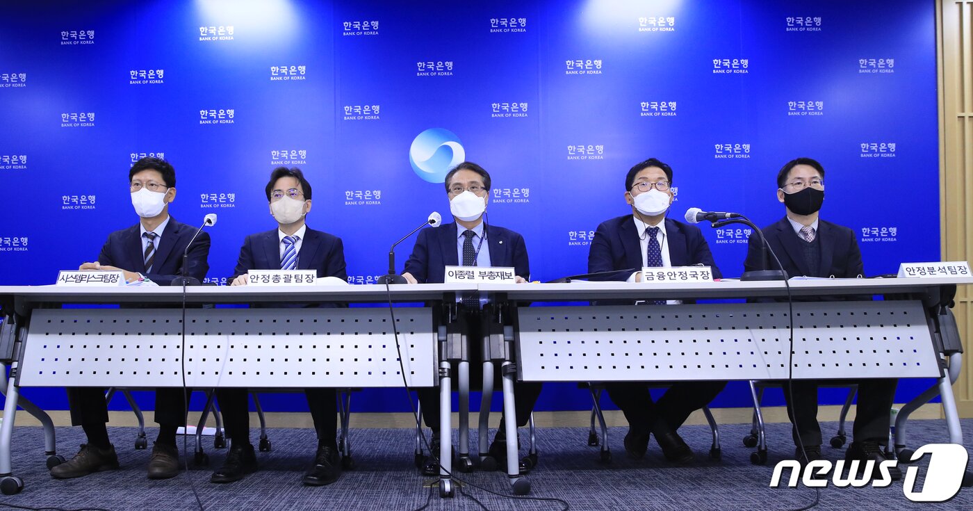 본문 이미지 - 22일 오전 서울 중구 한국은행에서 임호성 시스템리스크팀장(왼쪽부터), 임광규 안정총괄팀장, 이종렬 부총재보, 이정욱 금융안정국장, 이대건 안정분석팀장이 금융안정보고서 설명회를 열고 있다. 2022.12.22/뉴스1