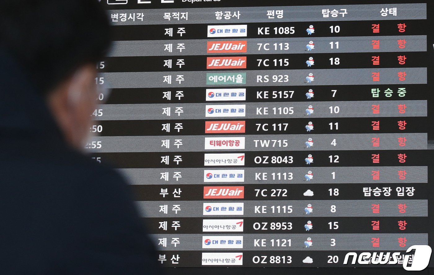 22일 오후 김포공항 국내선 청사 모니터에 기상 악화로 인한 제주행 항공편이 무더기 결항 표시 되고 있다. 결항은 제주지역 강풍과 광주, 여수, 군산 등 전남과 전북 지역의 눈 등 기상 악화에 따른 것이다. 2022.12.22/뉴스1 ⓒ News1 임세영 기자