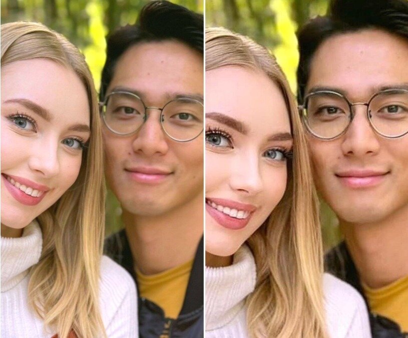 본문 이미지 - 세계 4대 미인대회 중 하나인 '미스 인터내셔널 2022'에서 우승한 야시민 셀벡과 그의 남자친구 박영민씨의 보정 전·후 모습. (온라인 커뮤니티 갈무리)