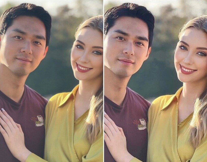 본문 이미지 - 세계 4대 미인대회 중 하나인 '미스 인터내셔널 2022'에서 우승한 야시민 셀벡과 그의 남자친구 박영민씨의 보정 전·후 모습. (온라인 커뮤니티 갈무리)