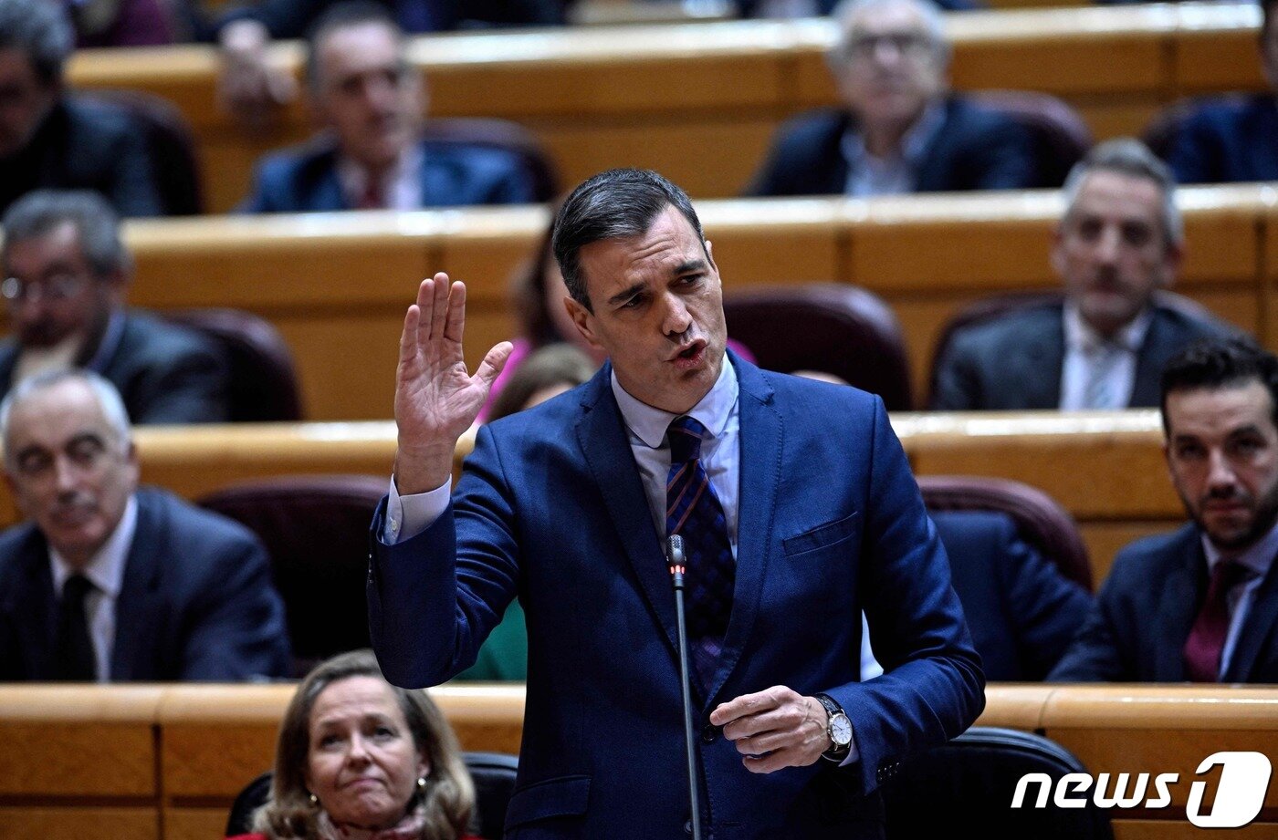 본문 이미지 - 21일(현지시간) 스페인 마드리드 국회의사당에서 페드로 산체스 스페인 총리가 총리와의 질의응답 시간에 발언하고 있다. 2022.12.21. ⓒ AFP=뉴스1 ⓒ News1 김성식 기자