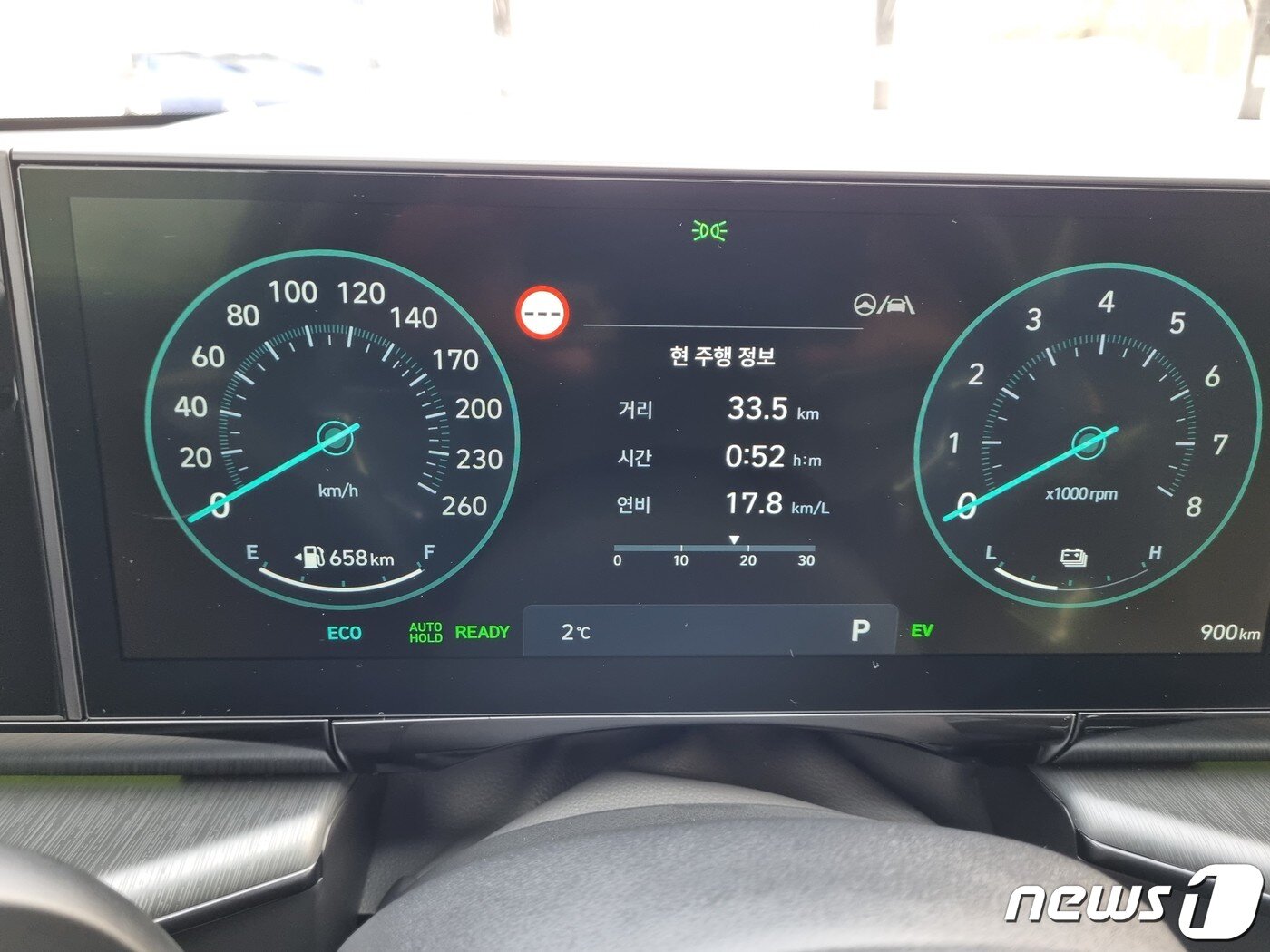 본문 이미지 - 그랜저 하이브리드 에코 모드로 33.5km를 52분 가량 달리고 난 뒤 연비가 17.8km/L로 기록됐다.