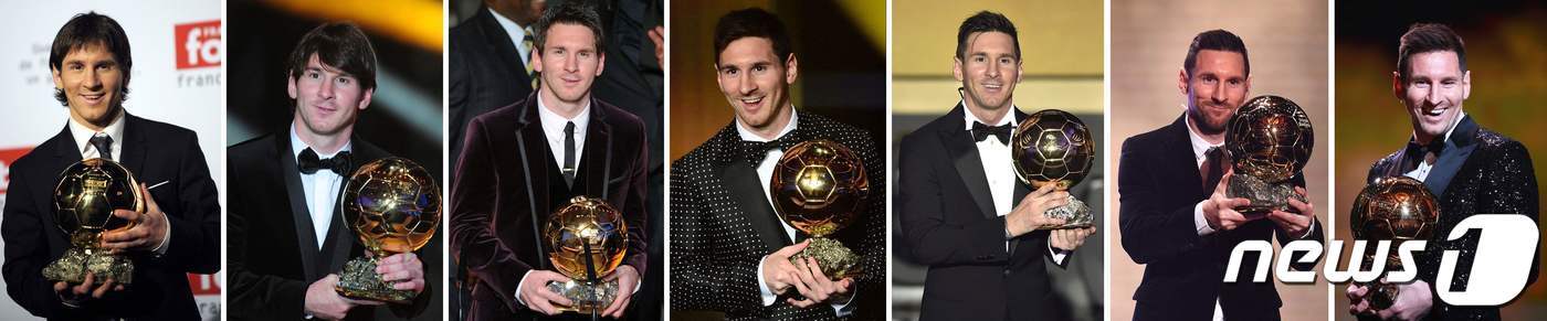 본문 이미지 - 파리생제르맹에서 활약 중인 아르헨티나 축구 국가대표팀 리오넬 메시(35)는 '프랑스 풋볼지'가 시상하는 축구선수 최고 영예 상 '발롱도르'를 무려 7회로 역대 최다 수상했다. 사진은 그의 2009, 2010, 2011, 2012, 2015, 2019, 2021년도 발롱도르 수상 모습. ⓒ AFP=뉴스1 ⓒ News1 최서윤 기자