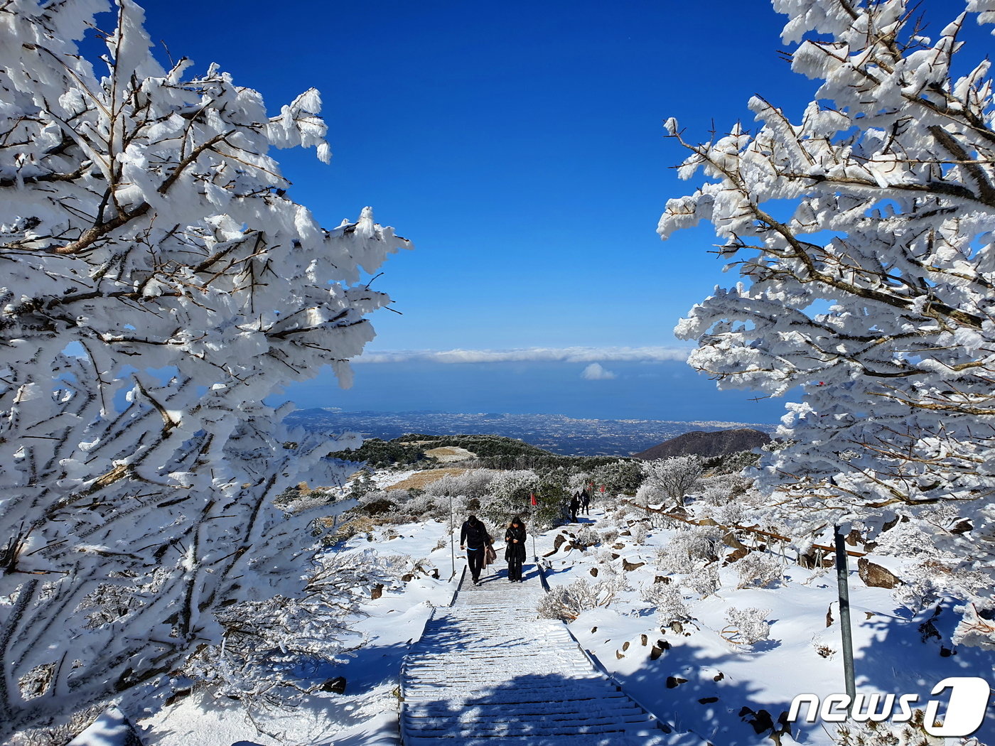 사제비동산에서 만세동산 오르막길. 뒤에 제주시내와 바다가 보인다.