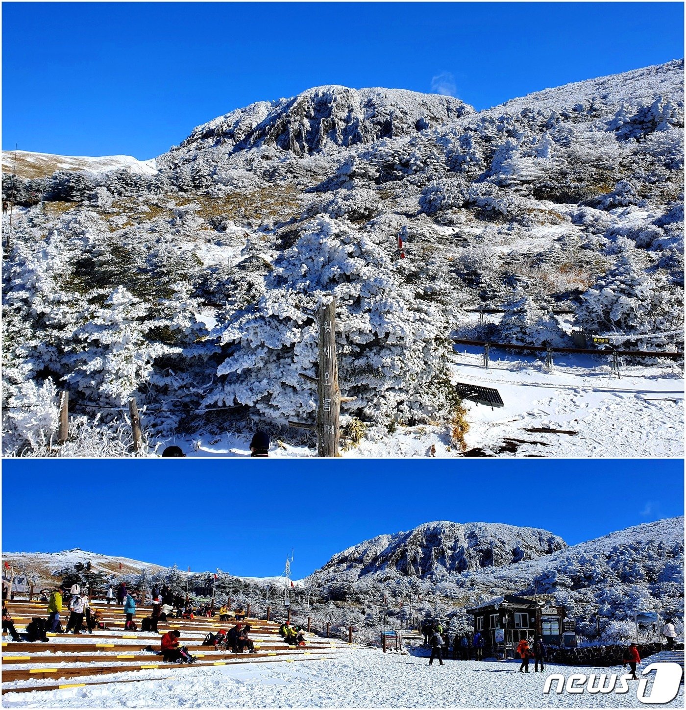 본문 이미지 - 윗세오름에서 바라본 백록담 화구벽과 대피소 풍경. 가까이 눈꽃에 묻힌 구상나무 숲, 저 위에 눈모자를 쓴 듯한 백록담이 푸근하게 느껴진다.