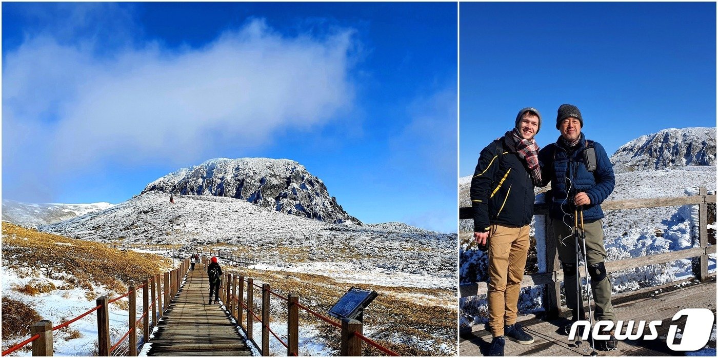 본문 이미지 - &lt;왼쪽&gt; 백록담 아래 거대한 고산초원인 선작지왓. 확트인 경관이 가슴을 뭉클하게 한다. &lt;오른쪽&gt; 윗세족은오름에서 만난 벨기에 청년 제프리&#40;Jeffrey Delronge. 27&#41;. “한라산은 대단하다&#40;amazing&#41;!”고 감탄하는 그는 한국을 3주 동안 여행 중이다.