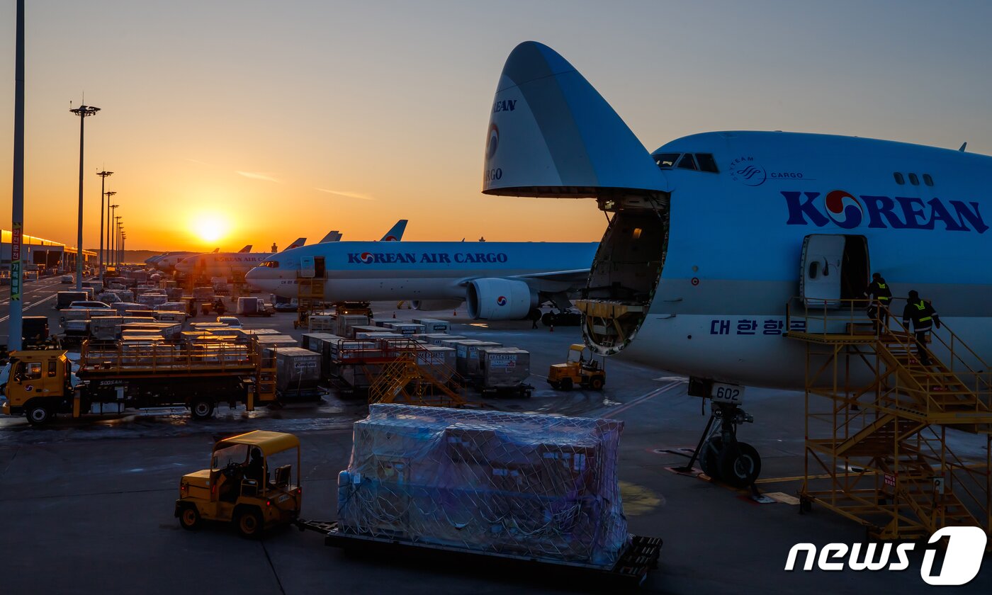 본문 이미지 - 2022년 12월 인천국제공항 화물터미널에 계류 중인 대한항공 화물기&lt;자료사진&gt; 2022.12.30/뉴스1 ⓒ News1 민경석 기자