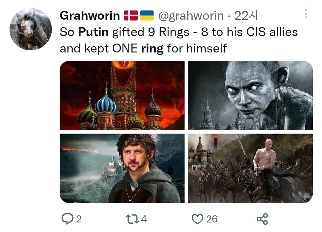 본문 이미지 - 블라디미르 푸틴 러시아 대통령이 구 소련 국가 모임인 독립국가연합(CIS) 정상 8명에게 금반지를 선물하며 마치 '반지의 제왕' 행세를 하는 듯한 모습을 보이자 SNS상에서 조롱이 쏟아지고 있다. 트위터 캡쳐