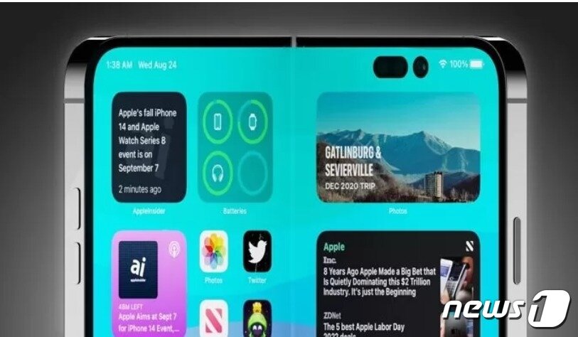 본문 이미지 -   폴드 형태의 폴더블(화면이 접히는) 아이폰 예상 이미지 (IT 매체 애플인사이더 갈무리)  