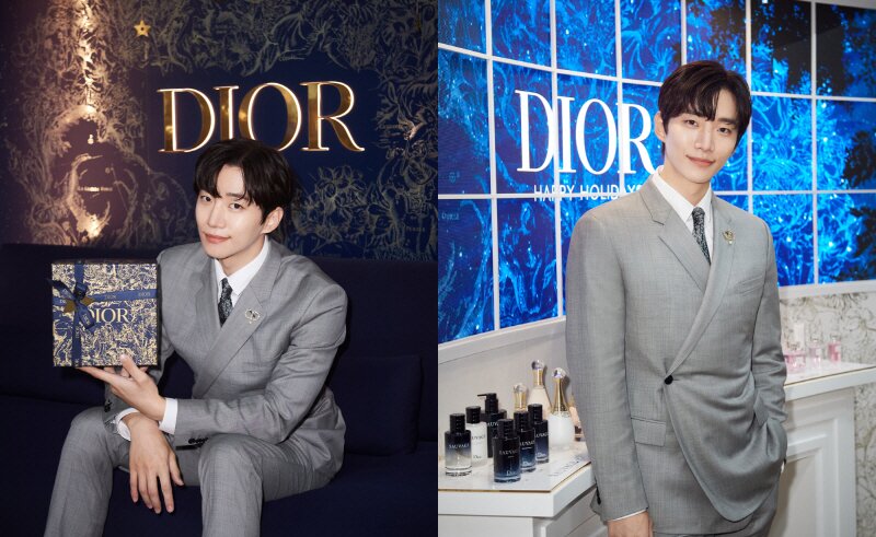 본문 이미지 - 배우 ‘이준호’가 디올 하우스의 대표 남성 향수 ‘소바쥬’ 오브제 옆에서 포즈를 취하고 있다.