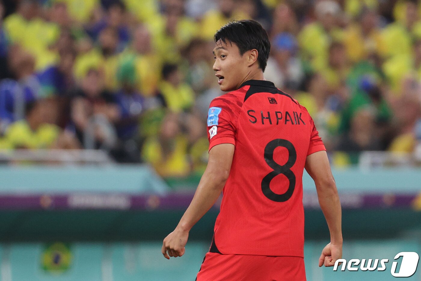 본문 이미지 - 5일 오후(현지시간) 카타르 도하 스타디움974에서 열린 2022 카타르 월드컵 16강 대한민국과 브라질의 경기에서 대한민국 백승호가 만회골을 성공시킨뒤 세리머니를 하고 있다. ⓒ News1 