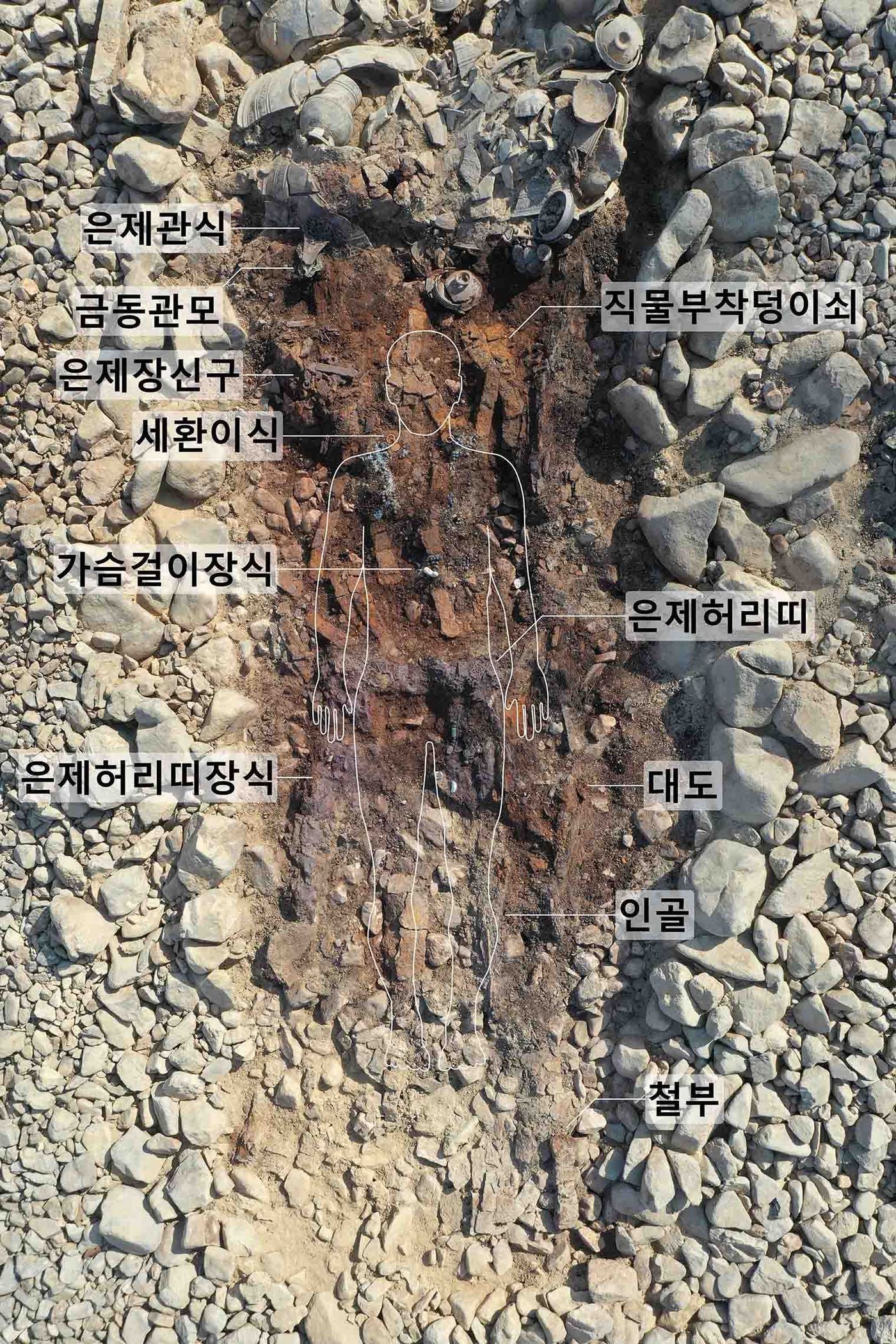 본문 이미지 - 경주 '황남동 120호분' 주인공 착장 유물 양상. (문화재청 제공)