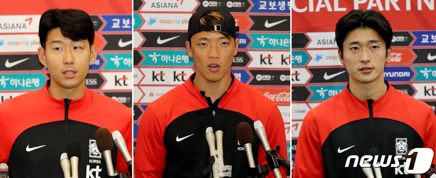 본문 이미지 - 대한민국 축구대표팀 손흥민과 황희찬, 조규성이 2022 카타르 월드컵을 마치고 7일 오후 인천국제공항을 통해 귀국하며 소회를 밝히고 있다. 2022.12.7 ⓒ 뉴스1 장수영 기자