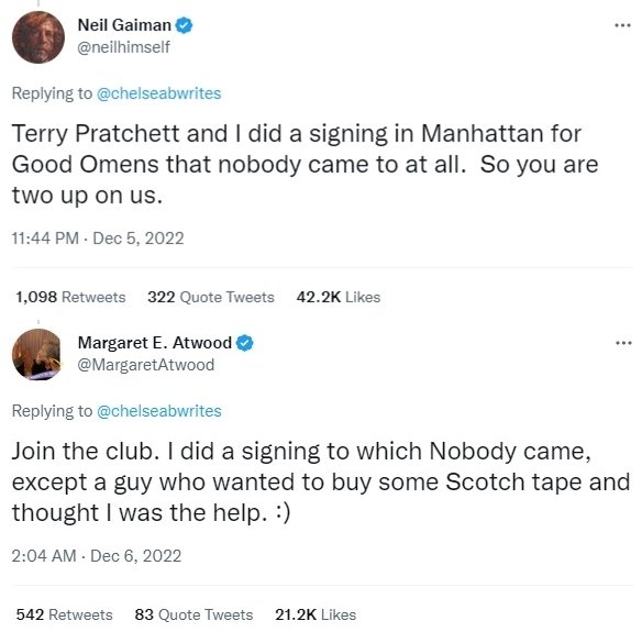 본문 이미지 - 닐 게이먼, 마거릿 애트우드 등의 대작가들이 비슷한 경험담을 털어놓으며 배닝을 응원했다.