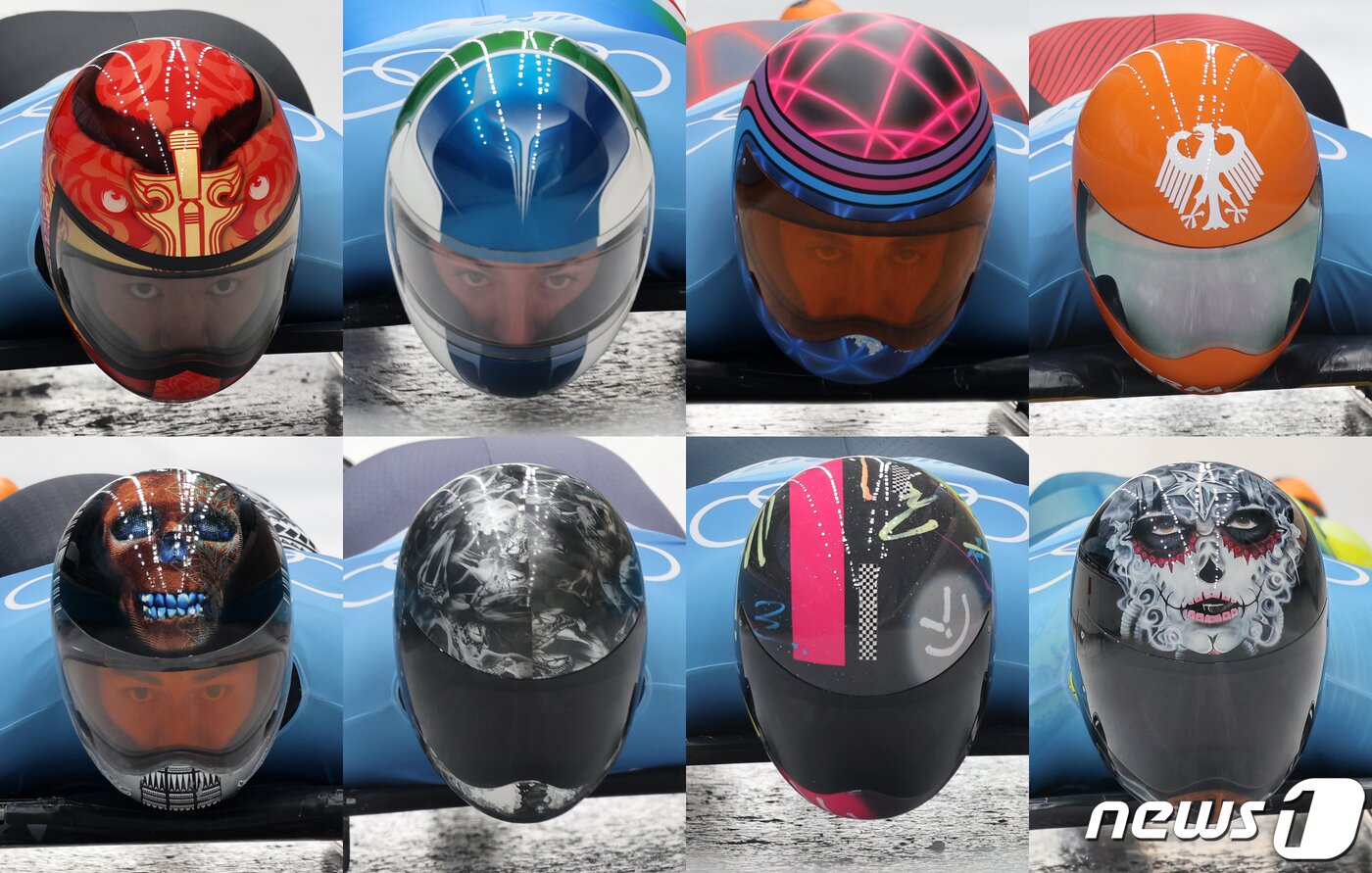 본문 이미지 - 10일 중국 옌칭 국립 슬라이딩 센터에서 열린 2022 베이징 동계올림픽 스켈레톤 남자 2차 시기에 참가한 세계 각국의 선수들이 다양한 그림의 헬멧을 쓰고 있다. 2022.2.10/뉴스1 ⓒ News1 안은나 기자