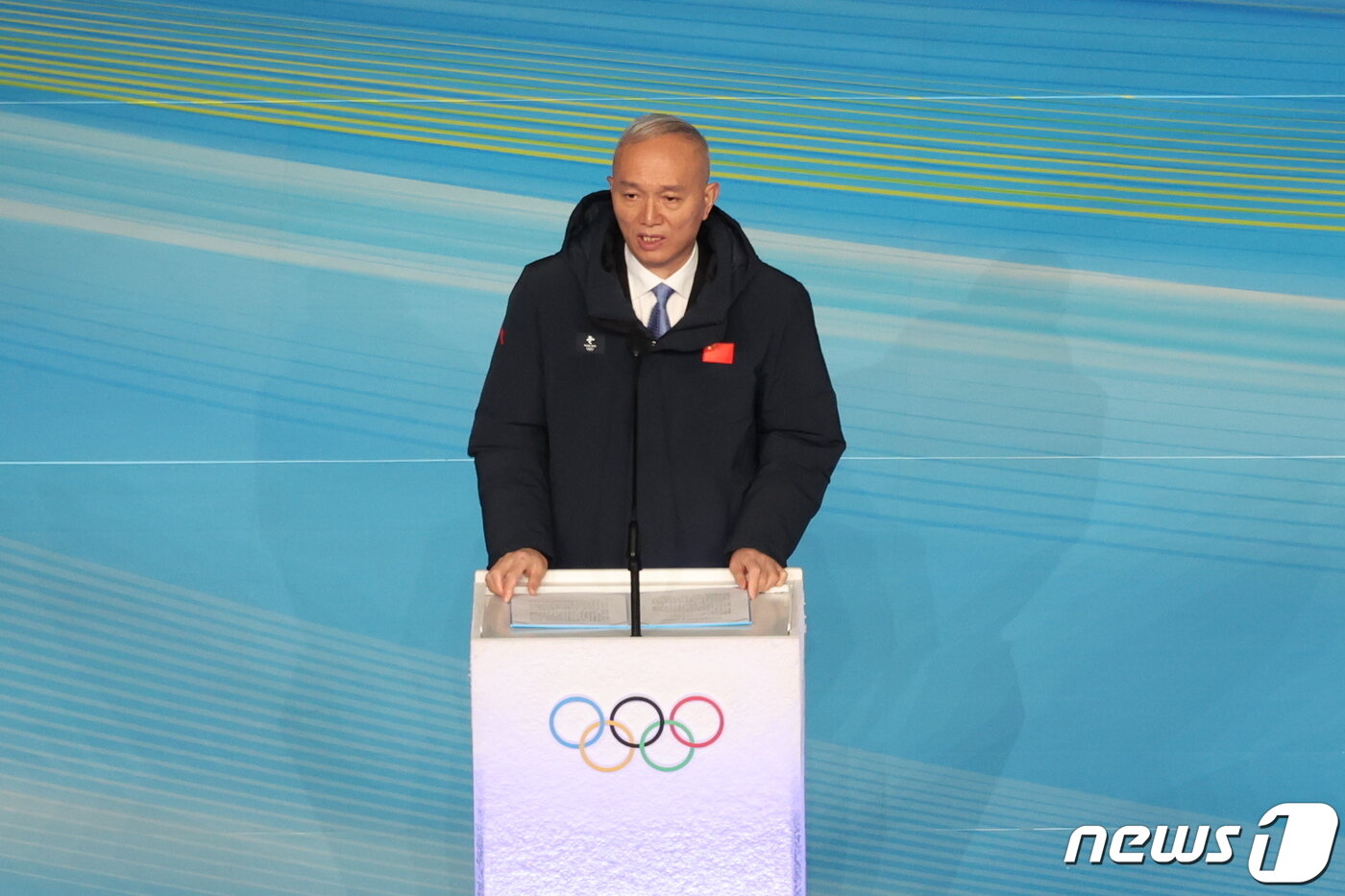 본문 이미지 - 차이치 베이징 동계올림픽 조직위원장이 20일 오후 중국 베이징 국립경기장에서 열린 2022 베이징 동계올림픽 폐회식에서 발언하고 있다. 2022.2.20/뉴스1 ⓒ News1 안은나 기자