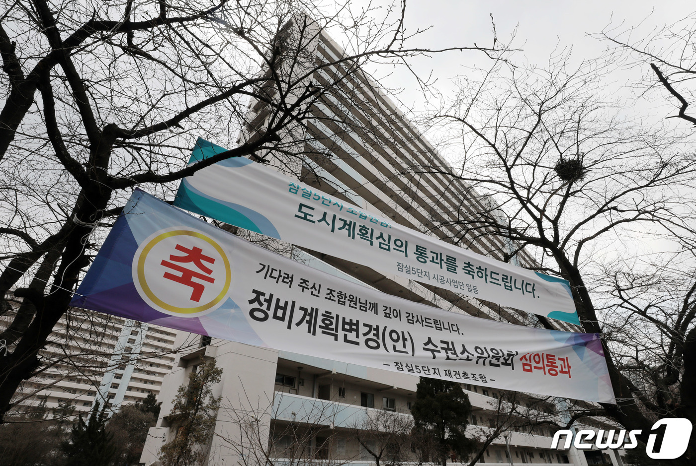 (서울=뉴스1) 박세연 기자 = 21일 오후 서울 송파구 잠실주공5단지에 정비계획안 서울시 심의 통과를 축하하는 현수막이 걸려있다.재건축 단지의 대장주 격인 '잠실주공5단지'의 정 …