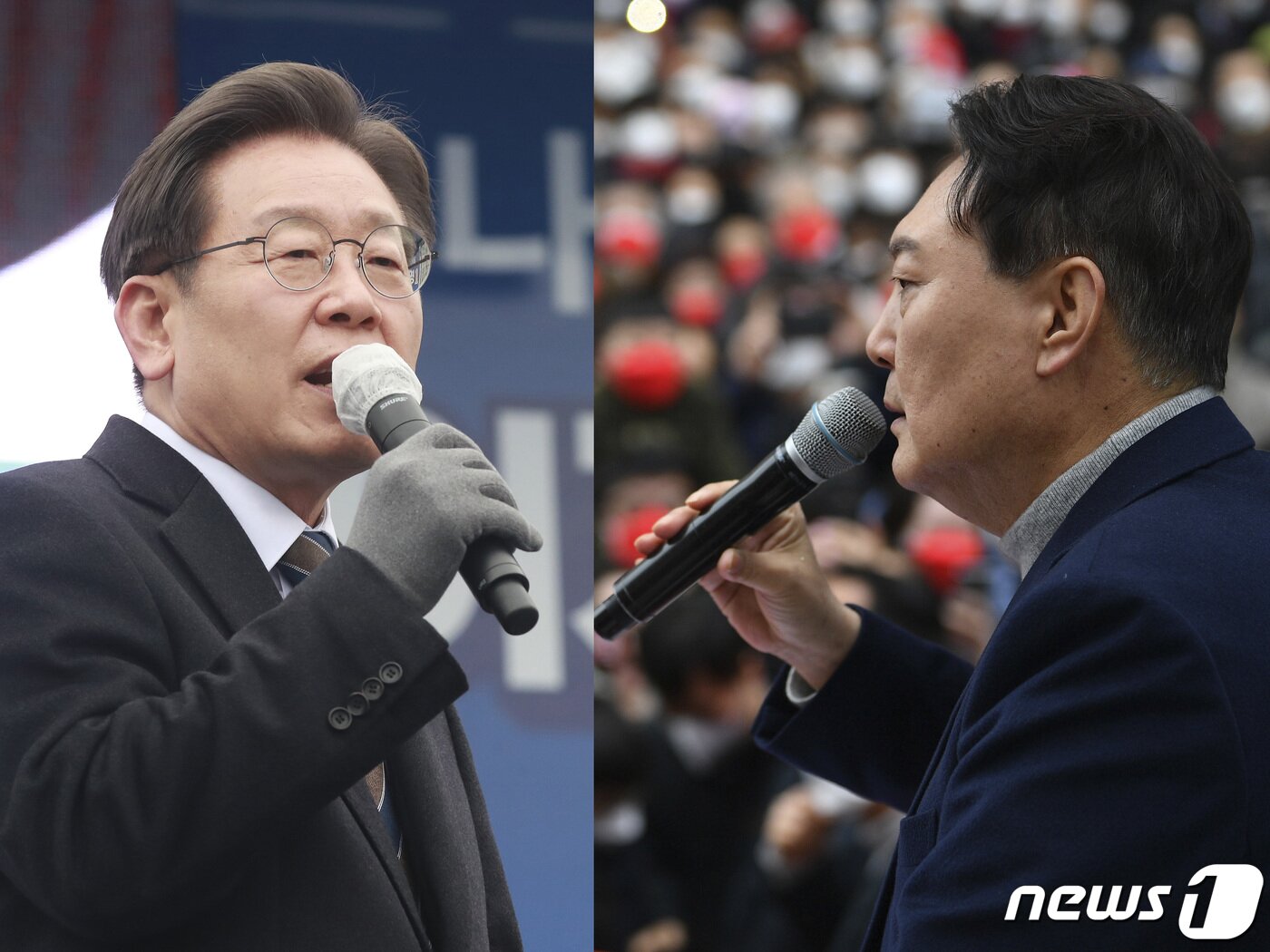 본문 이미지 - 이재명 더불어민주당 대선후보와 윤석열 국민의힘 대선후보가 26일 오후 경기 고양시 일산문화공원, 서울 양천구 목동현대백화점에서 각각 지지를 호소하는 연설을 하고 있다. 2022.2.26/뉴스1 ⓒ News1 국회사진취재단