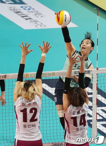 본문 이미지 - 28일 오후 서울 장충체육관에서 열린 프로배구 도드람 2021-22 V리그 여자부 GS칼텍스와 KGC 인삼공사의 경기에서 GS칼텍스 유서연이 공격하고 있다. 2022.2.2/뉴스1 ⓒ News1 임세영 기자