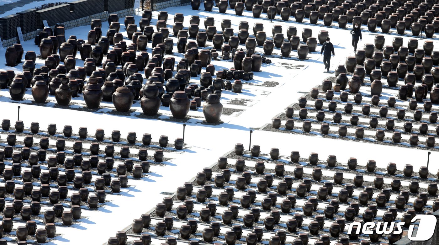 본문 이미지 - 입춘을 하루 앞둔 3일 경기도 파주장단콩웰빙마루에서 직원들이 장담그기를 위해 장독을 살펴보고 있다. 이곳에서는 파주지역에서 재배된 콩으로 직접 메주를 만들어 오는 3월1일 부터 1,400여개의 장독에 장담그기를 시작한다. 2022.2.3/뉴스1 ⓒ News1 김명섭 기자