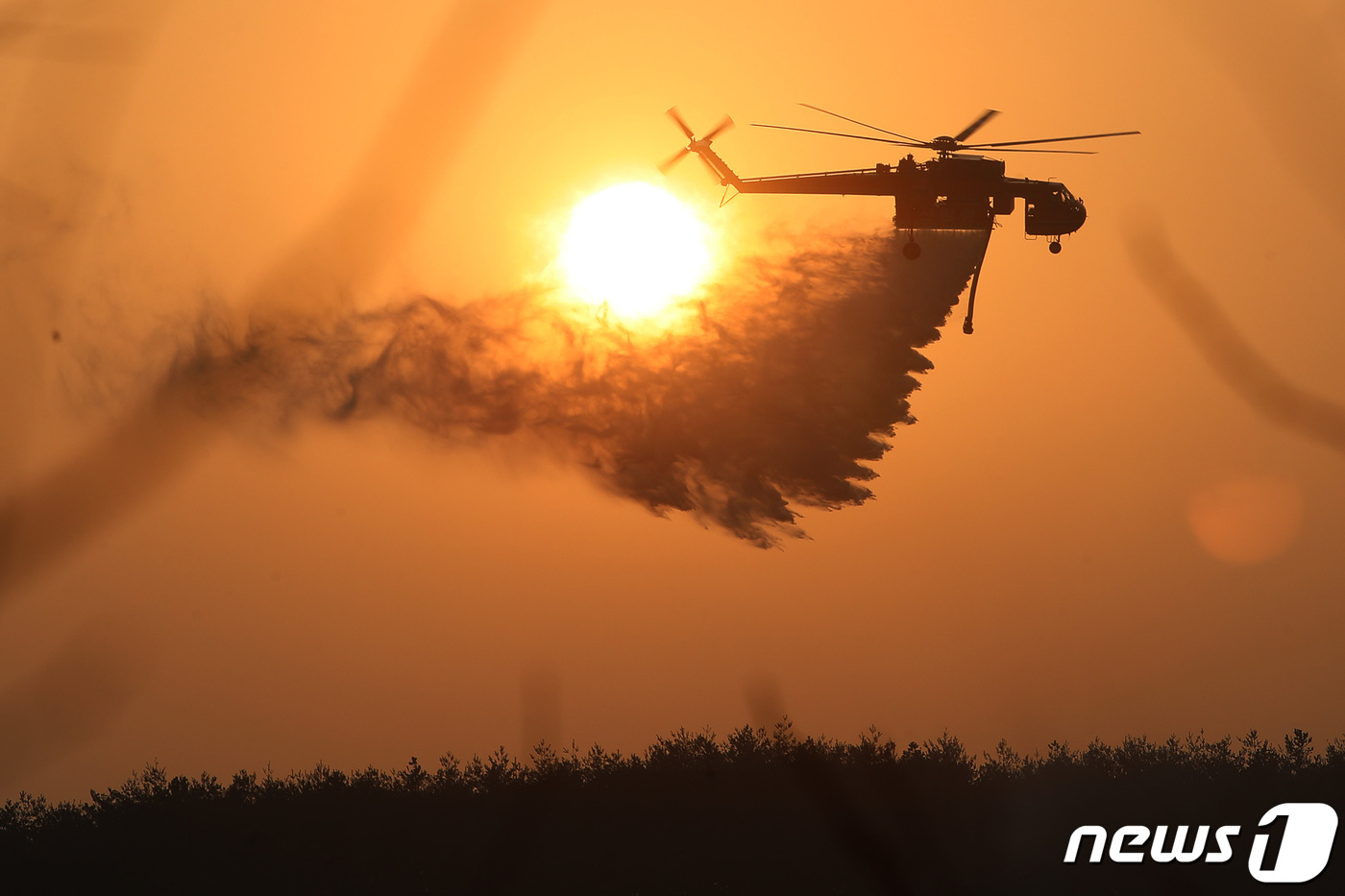 (합천=뉴스1) 공정식 기자 = 1일 오후 산림청 산불진화 헬기가 경남 합천군 율곡면 국도33호선 지릿재터널 상단으로 번진 산불을 끄기 위해 쉴 새 없이 물을 뿌리고 있다. 202 …