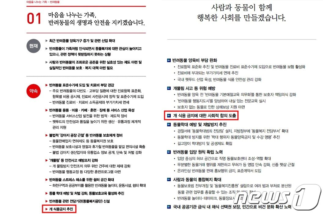 본문 이미지 - 국민의힘(왼쪽)과 더불어민주당 동물 관련 공약(각 당 대선 공약집 갈무리) ⓒ 뉴스1