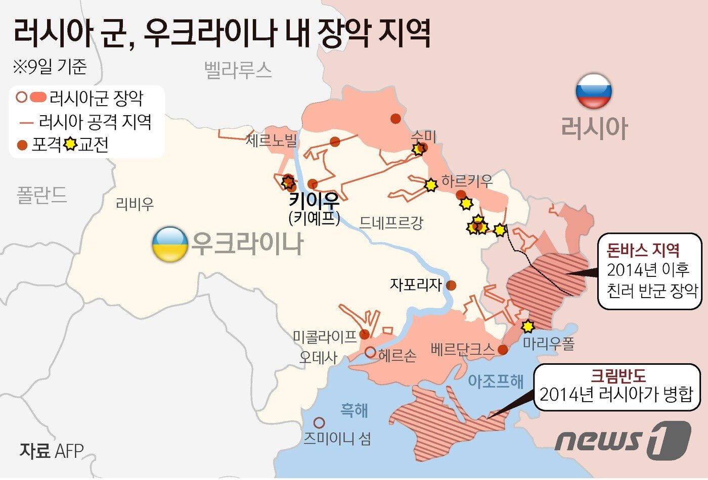 본문 이미지 - 전쟁 한 달이 되도록 러시아군은 우크라이나 주요 도시를 장악하지 못하고 있다. 가장 처음 함락을 발표한 헤르손에서는 우크라군의 반격이 시작됐고, 마리우폴은 생지옥의 고통 속에서도 러군에 필사의 저항을 하고 있다. ⓒ News1 김초희 디자이너