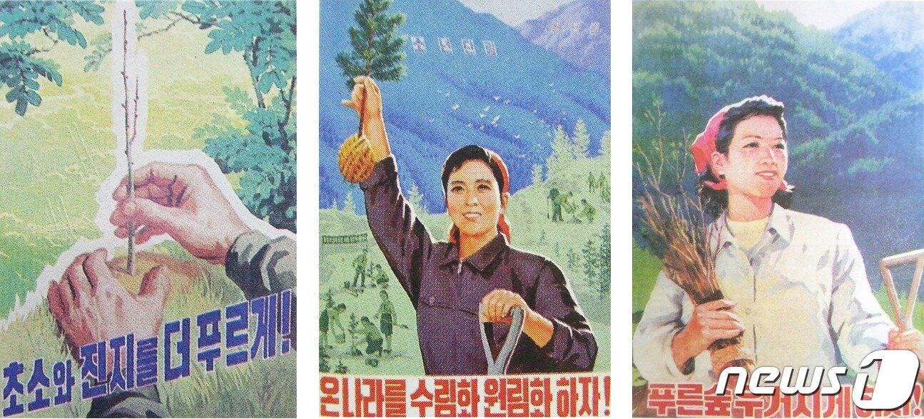 본문 이미지 - 왼쪽부터 리기철(2002) 선전화 《초소와 진지를 더 푸르게!》(조선문학예술년감 2003), 최주성(2005) 선전화 《온 나라를 수림화 원림화 하자!》(조선문학예술년감 2006), 박명혁·유혜선(2006) 선전화 《푸른숲 우거지게 하자!》(조선문학예술년감 2007)ⓒ 뉴스1