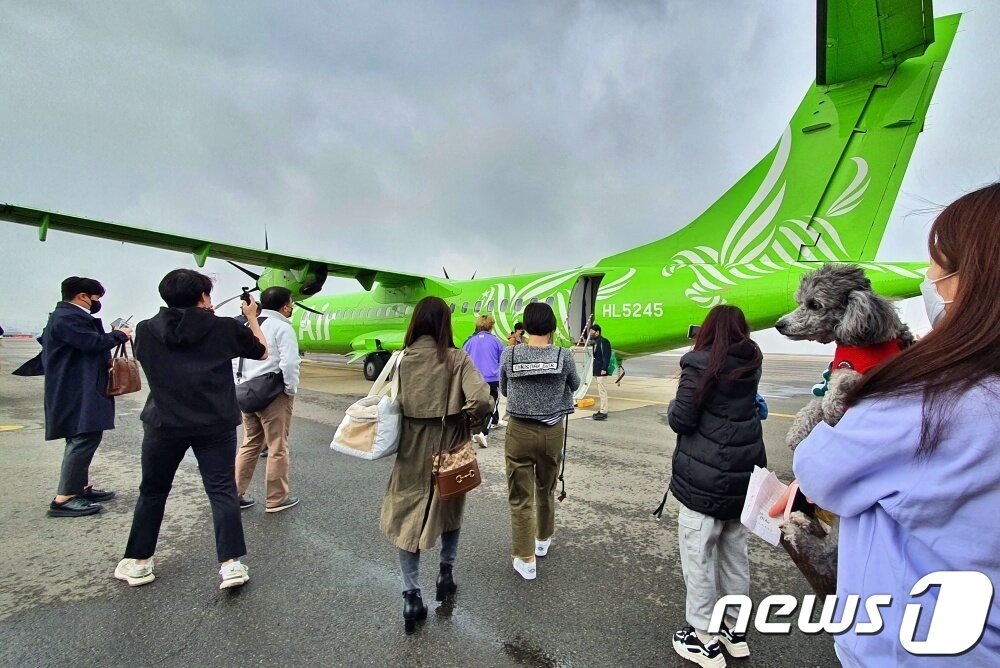본문 이미지 - 어나더베이비는 1일 '반려견과 함께하는 3.1절 기념 울릉도(DOG도) 비행' 행사를 주최했다. ⓒ 뉴스1 최서윤 기자