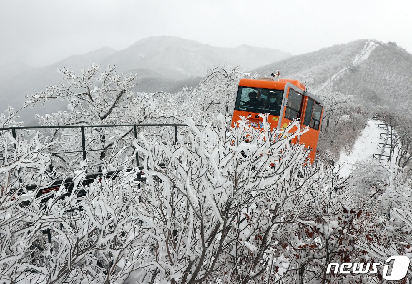 본문 이미지 - 절기상 춘분을 하루 앞둔 20일 경남 함양군 병곡면 대봉산 휴양밸리에서 관광객이 모노레일을 타며 하얀 눈을 구경하고 있다. (함양군 김용만 제공) 2022.3.20/뉴스1