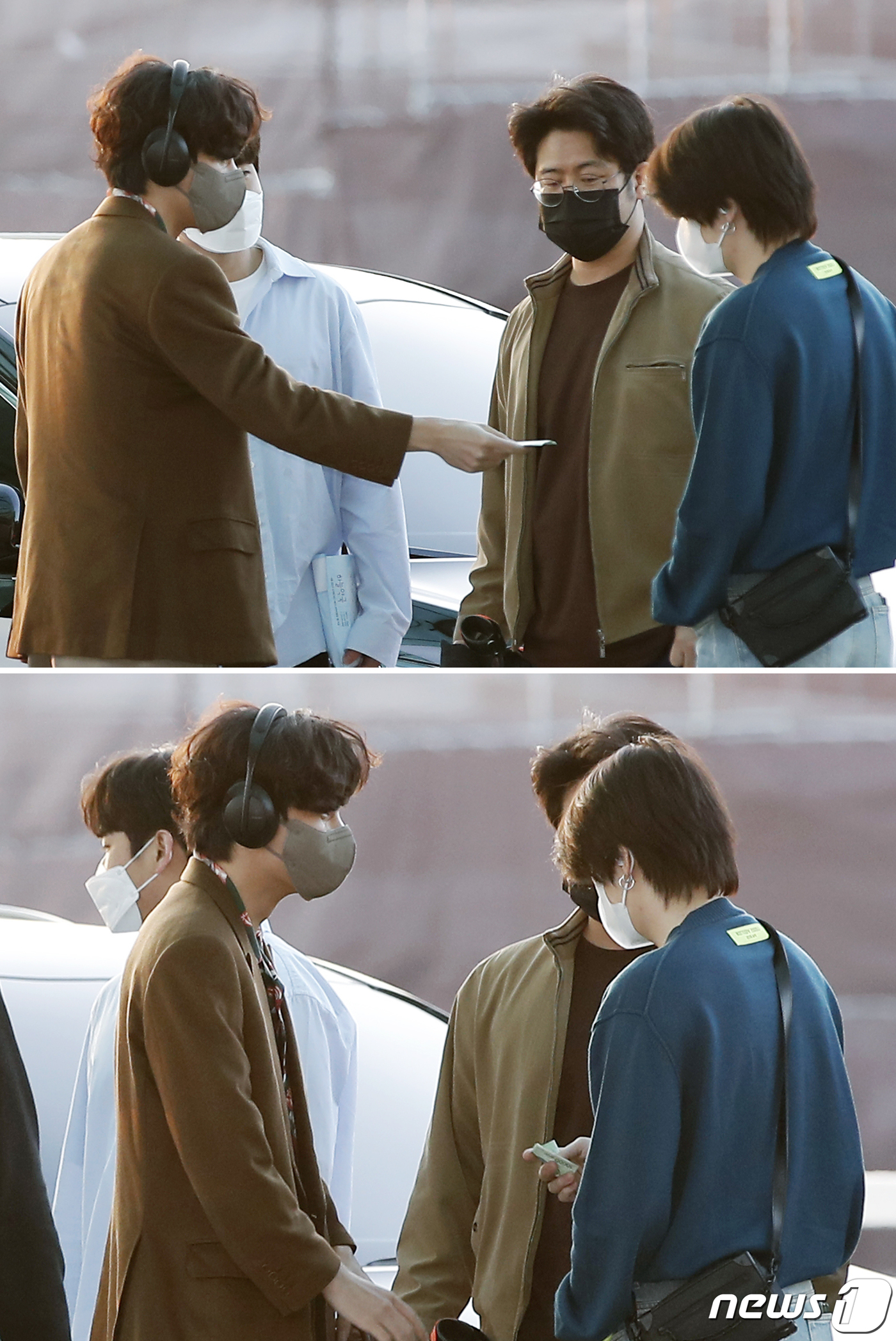 (인천공항=뉴스1) 권현진 기자 = 방탄소년단(BTS) 뷔(왼쪽)가 미국 일정차 28일 오후 인천국제공항을 통해 라스베이거스로 출국하기 전 슈가에게 만원을 주고 있다.방탄소년단은 …